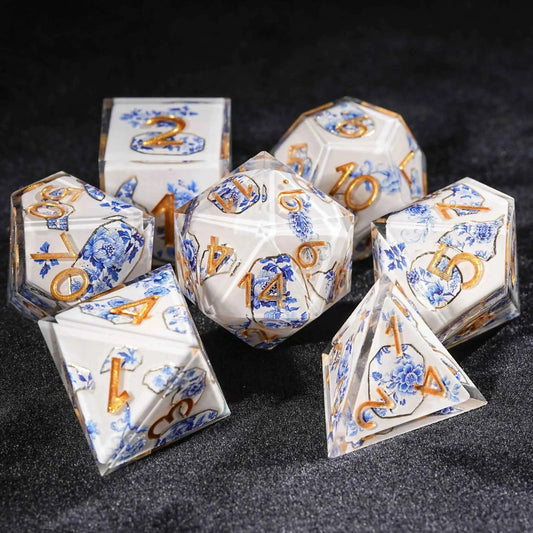 Oriental Blue and White Porcelain Resin DND Dice Set — 7-Piece TTRPG Dice