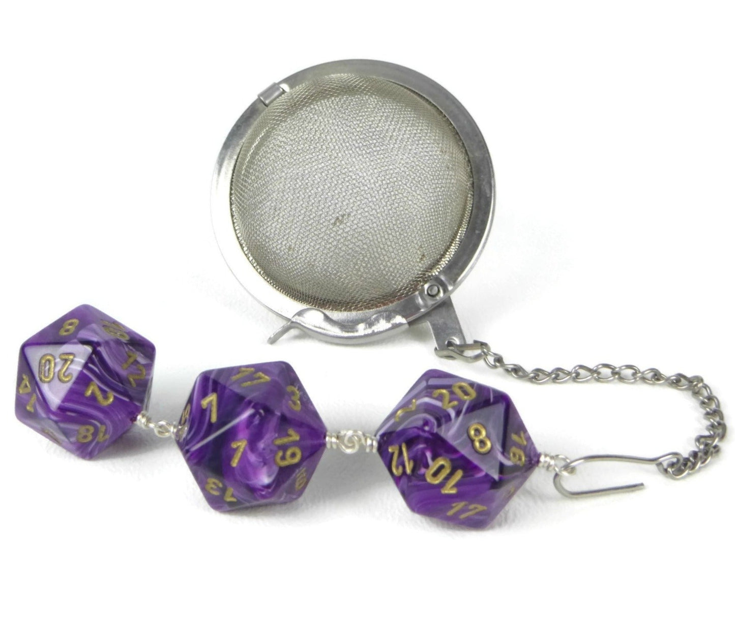 Tea Infuser with Swirled Purple Vortex Dice Trio