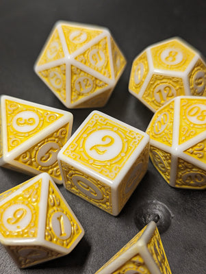 White & Yellow Magic Flame 7-Dice Set DND RPG Dice Yellow Color Fill