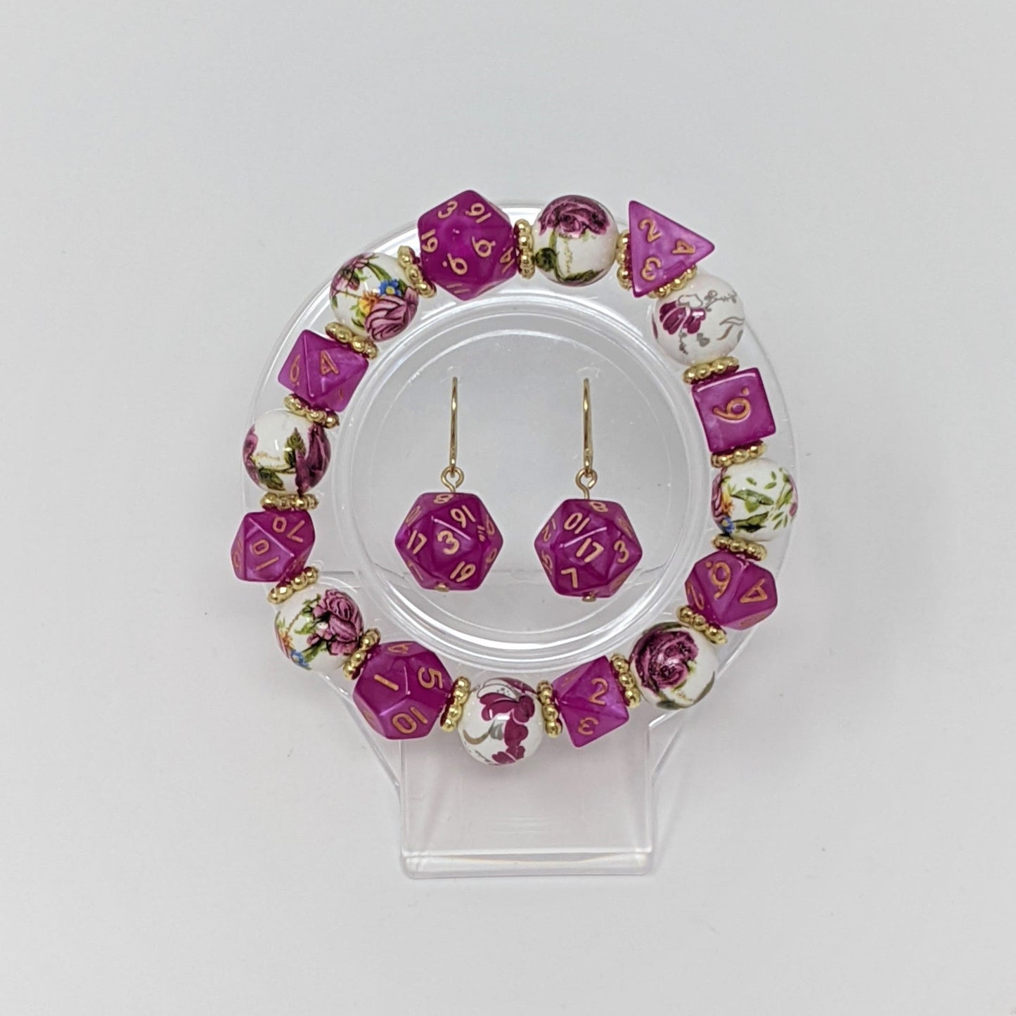 Pink Fuchsia Gold Flower Dice Bracelet