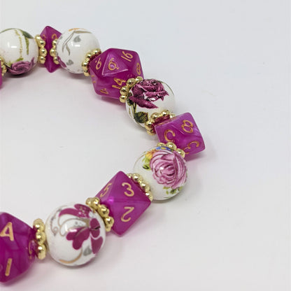Pink Fuchsia Gold Flower Dice Bracelet
