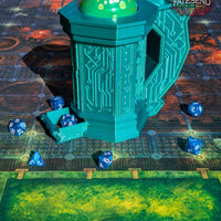 Cyberpunk SciFi 3D Printed Can Holder & Dice Tower Combo  | Koozie | Stein Mug | RPG Dice Jail | D20 Dice Vault - Enter the Neon Future!