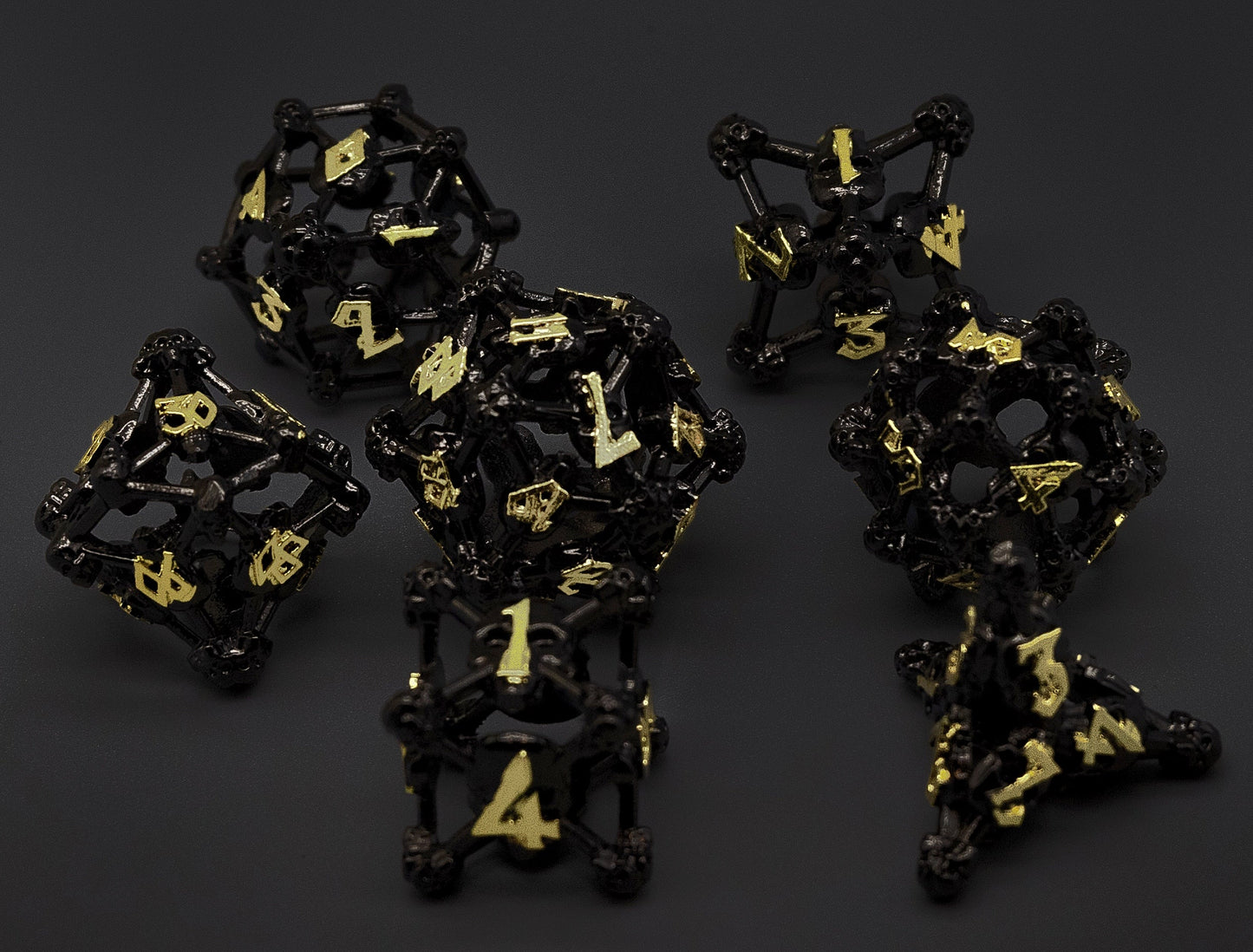 Black w/Gold Deadly Skull Dice Hollow Metal 7-Dice Set