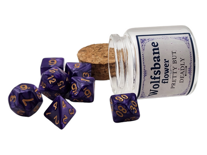 Wolfsbane Flower Dice Jar — Purple Swirl 7-Piece DND Dice Set