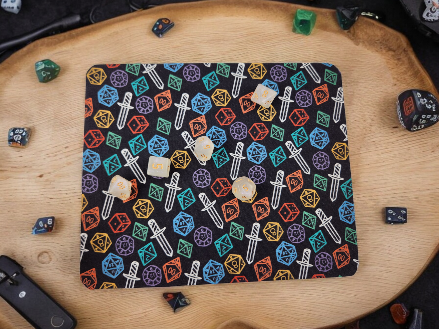 Colorful Polyhedral Dice & Sword Desk Set — Mousepad & Coaster