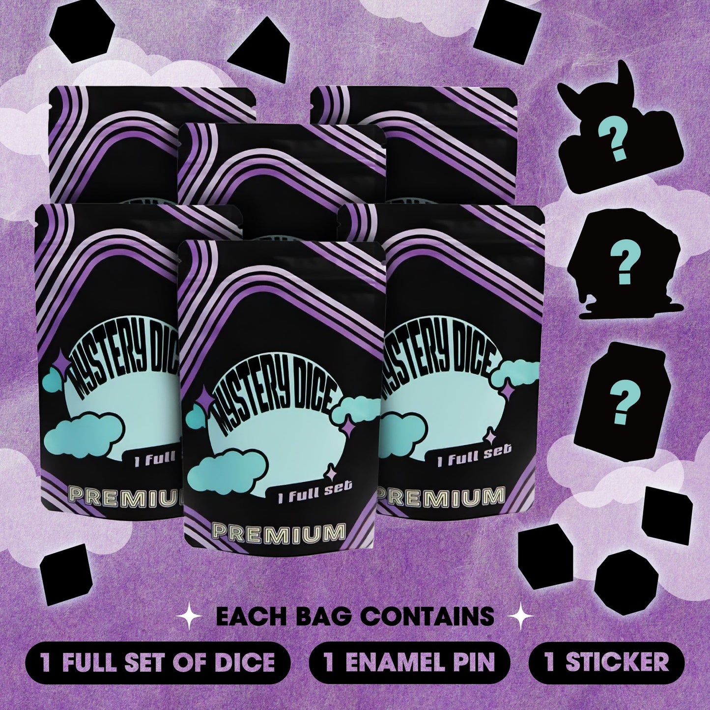 Premium DND Dice 6 Pack | 6 Unique Sets with Enamel Pins & Stickers | 1985 Games