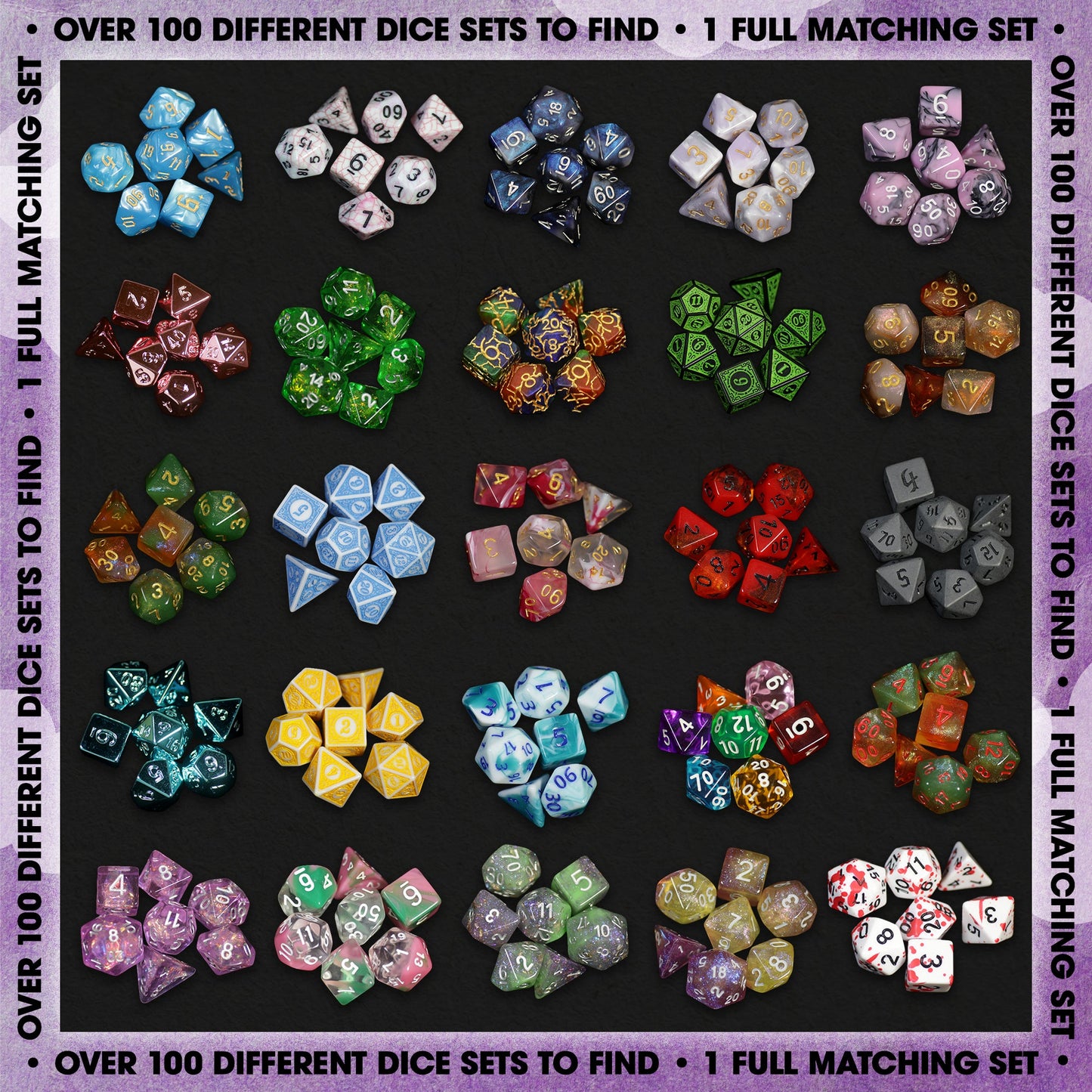 Premium DND Dice 6 Pack | 6 Unique Sets with Enamel Pins & Stickers | 1985 Games