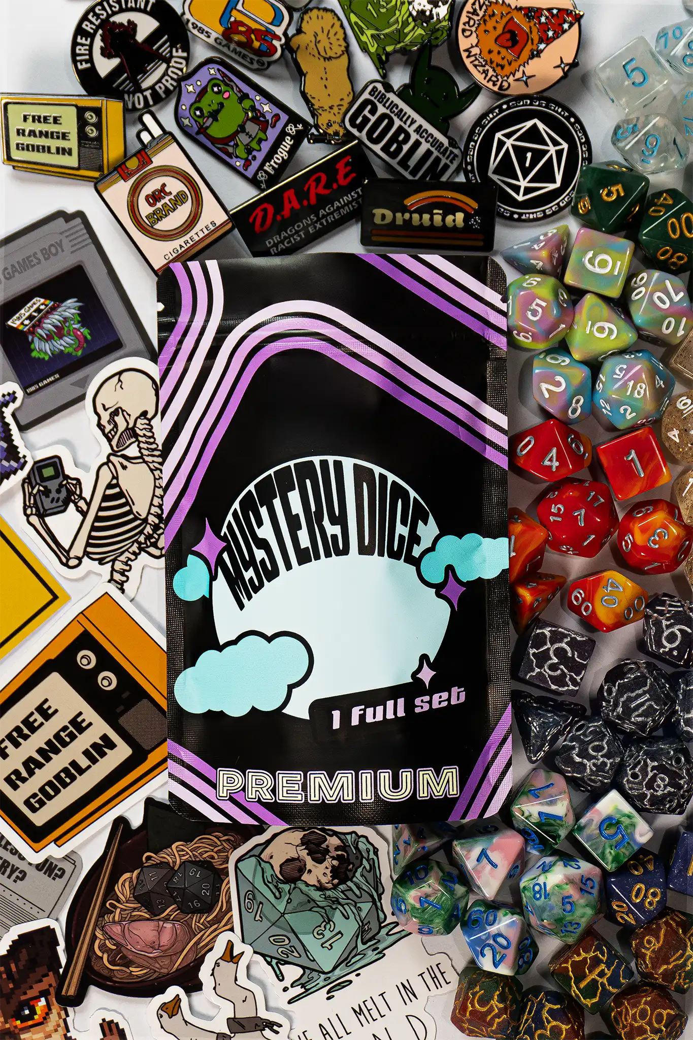 Premium Mystery Dice Set | Random 7-Piece RPG Dice with Enamel Pin & Sticker | 1985 Games