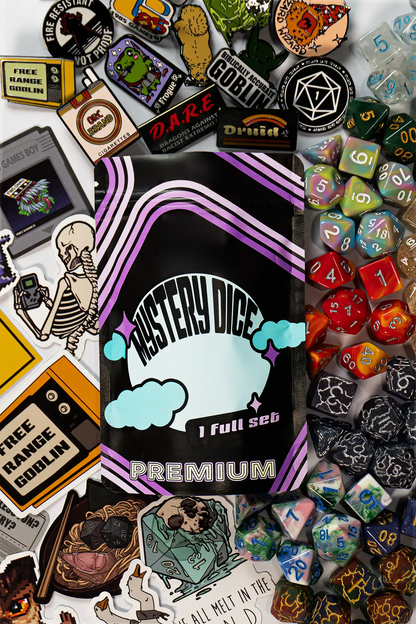 Premium Mystery Dice Set | Random 7-Piece RPG Dice with Enamel Pin & Sticker | 1985 Games