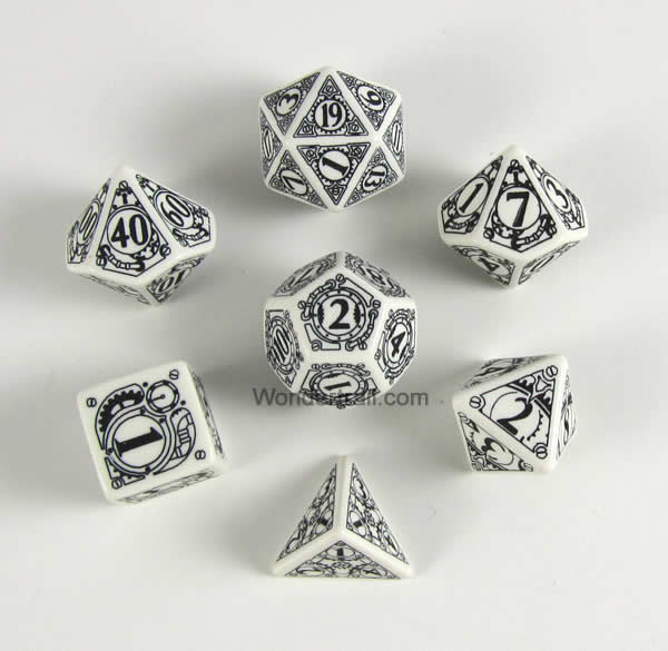 QWSSSTE02 White Steampunk Dice Set of 7 by Q-Workshop