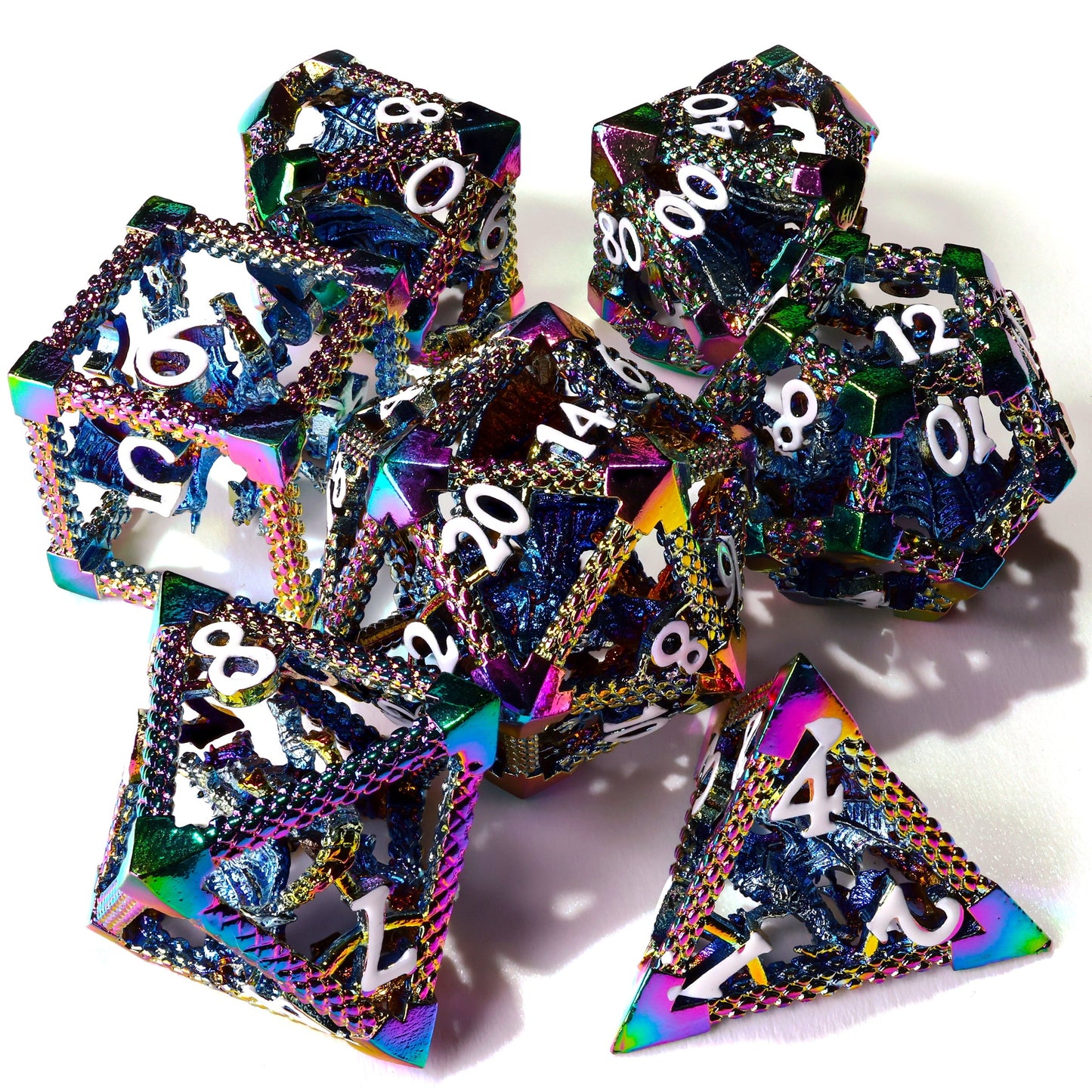Miniature Rainbow Dragon Metal RPG Dice Set | 7 Pieces