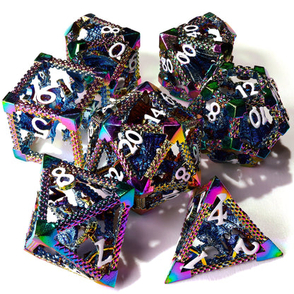 Miniature Rainbow Dragon Metal RPG Dice Set | 7 Pieces