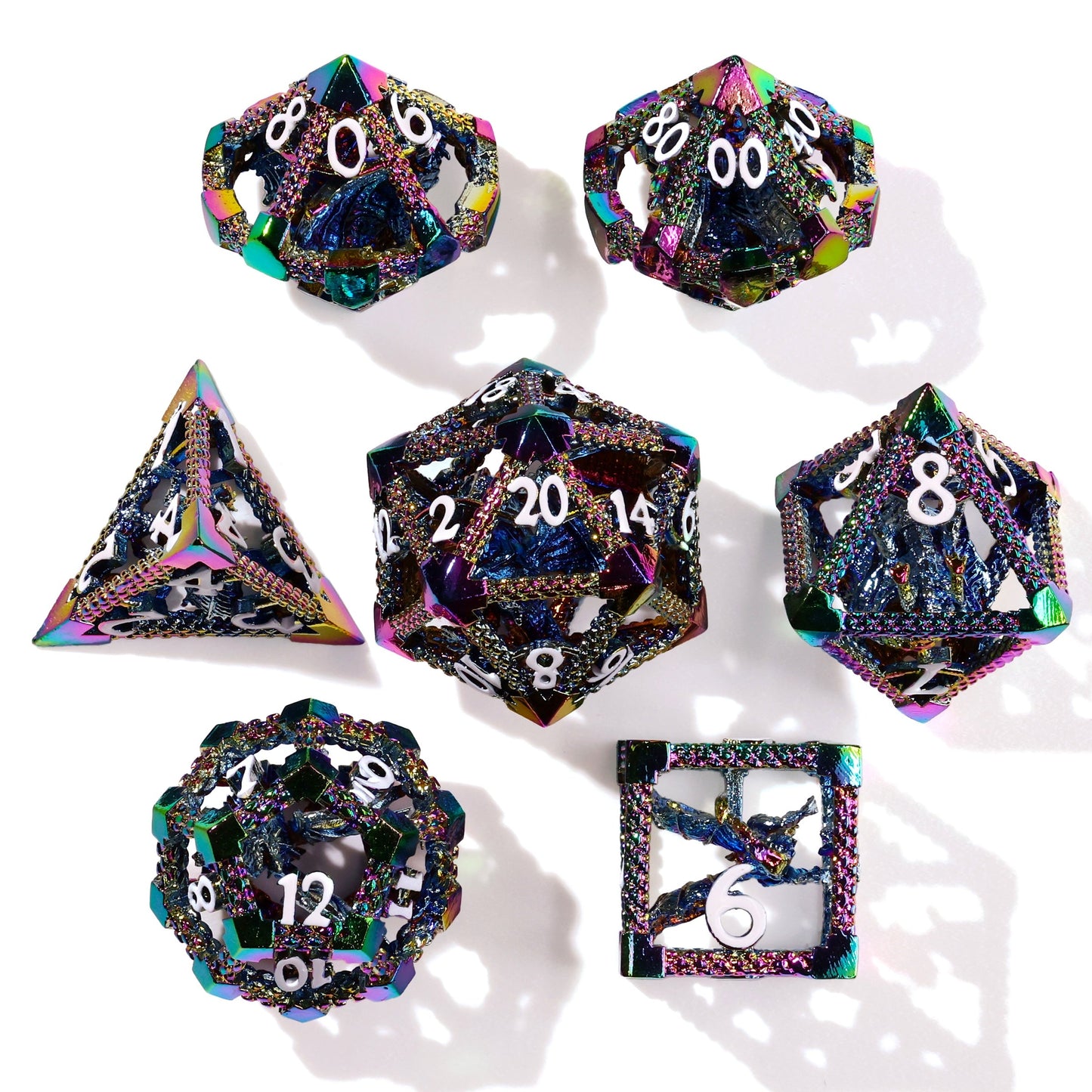 Miniature Rainbow Dragon Metal RPG Dice Set | 7 Pieces