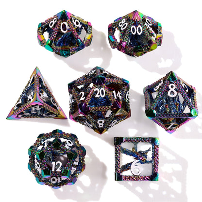 Miniature Rainbow Dragon Metal RPG Dice Set | 7 Pieces