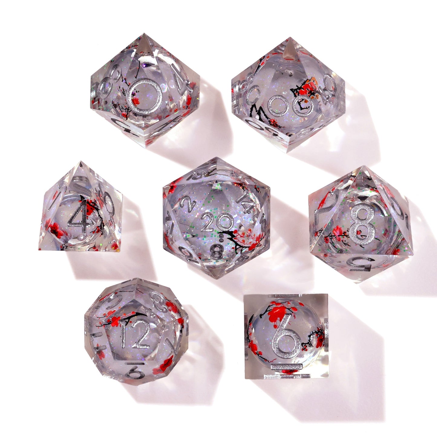 Winter Cherry Blossom Liquid Core RPG Dice Set | 7 Pieces
