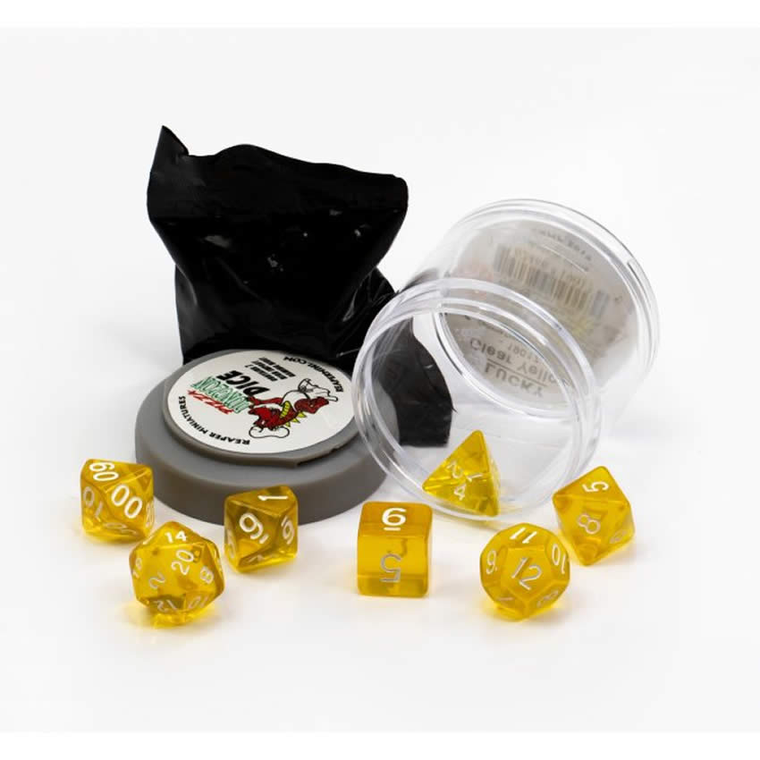 RPR19017 Clear Yellow Lucky Dice Set 16mm Dungeon Dice Random Miniature Included