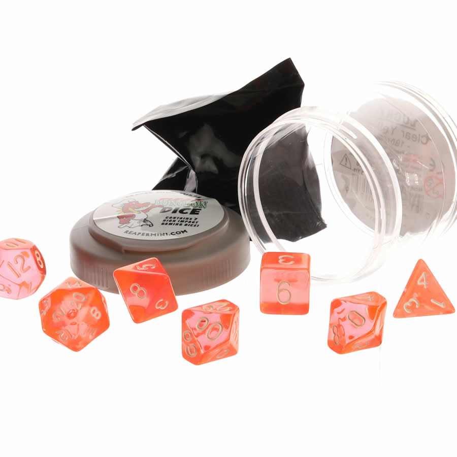 RPR19018 Clear Orange Lucky Dice Set 16mm (5/8 inch) Dungeon Dice with Random Miniature Included