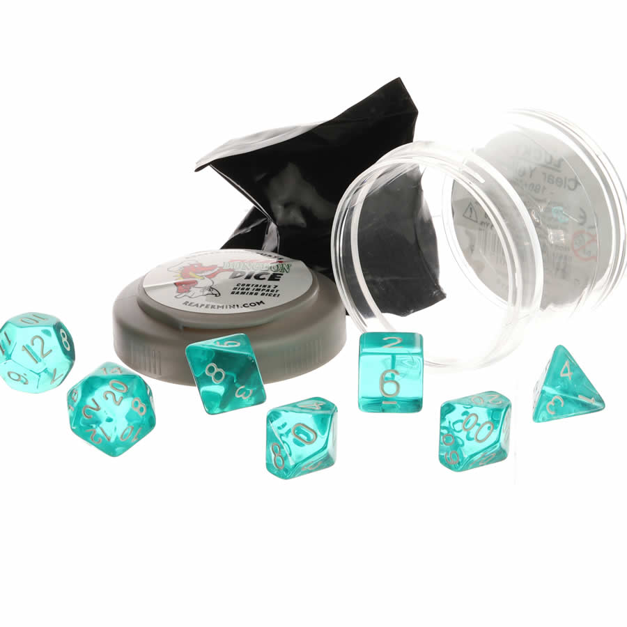 RPR19020 Clear Teal Lucky Dice Set 16mm (5/8 inch) Dungeon Dice with Random Miniature Included