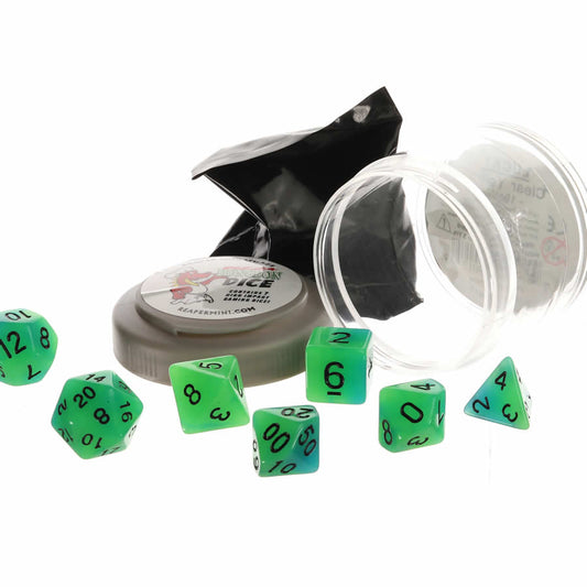 RPR19035 Green and Blue Glow Dice Set 16mm (5/8 inch) Dungeon Dice with Random Miniature Included Reaper Miniatures