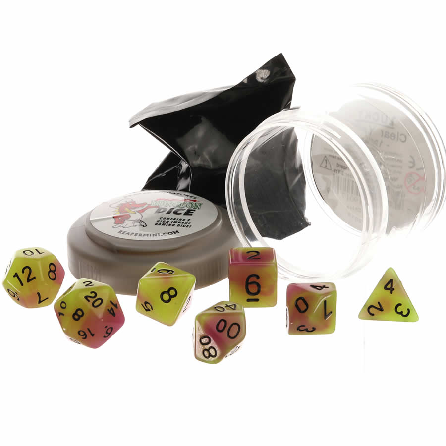 RPR19036 Yellow and Purple Glow Dice Set 16mm (5/8 inch) Dungeon Dice with Random Miniature Included Reaper Miniatures