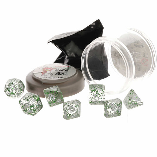 RPR19038 Green Glitter Boss Dice Set 16mm (5/8 inch) Dungeon Dice with Random Miniature Included Reaper Miniatures
