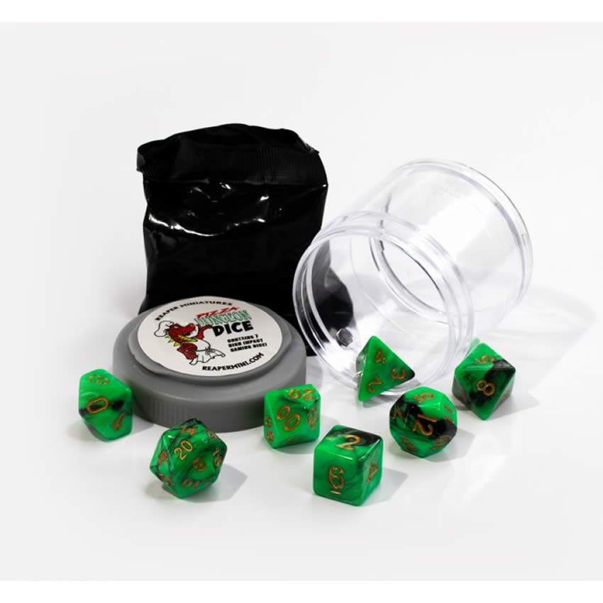 RPR19056 Green and Black Dual Color Dice Set 16mm Dungeon Dice Random Miniature Included