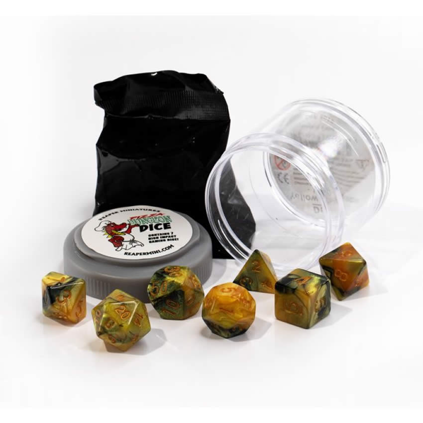 RPR19057 Yellow and Black Dual Color Dice Set 16mm Dungeon Dice Random Miniature Included