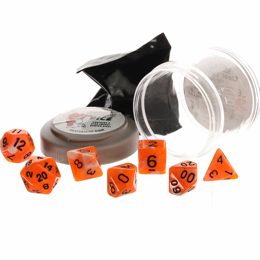 RPR19068 Orange and White Dual Color Dice Set 16mm (5/8 inch) Dungeon Dice with Random Miniature Included Reaper Miniatures