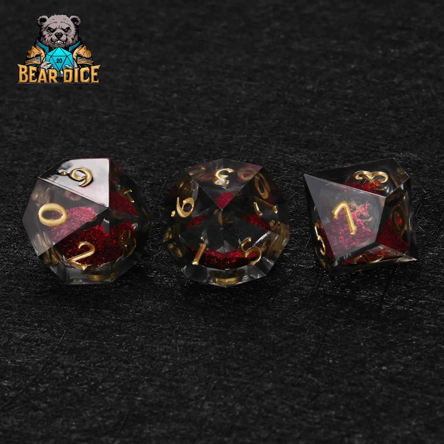 Red Liquid Core Resin D10 Dice Set + Gold Numerals (D10 Dice)