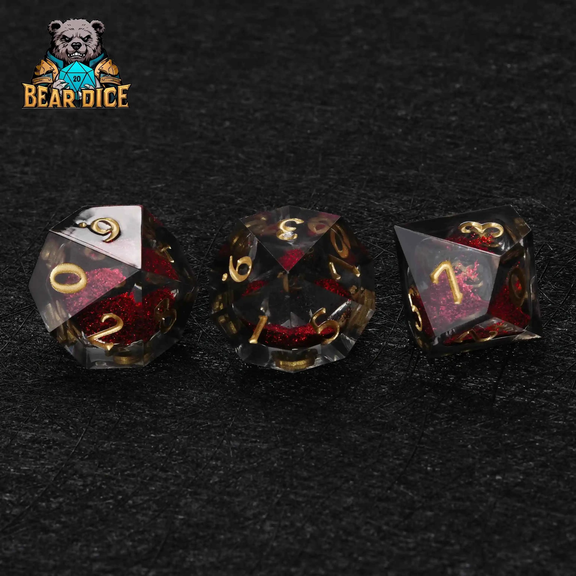 Red Liquid Core Resin D10 Dice Set + Gold Numerals (D10 Dice)