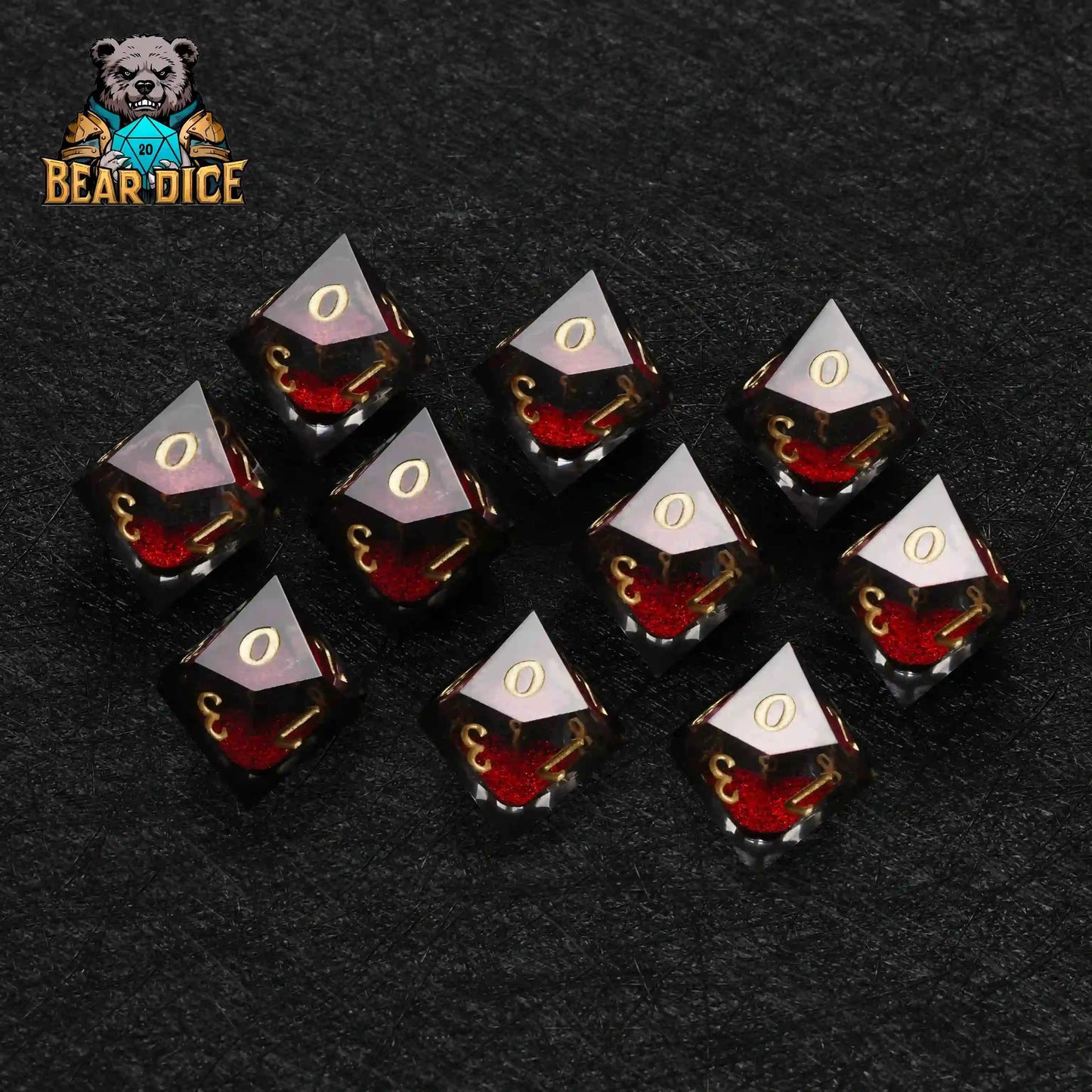 Red Liquid Core Resin D10 Dice Set + Gold Numerals (D10 Dice)
