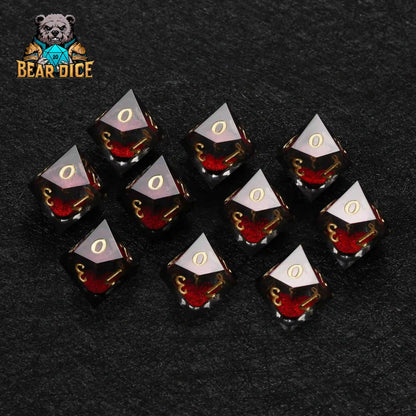 Red Liquid Core Resin D10 Dice Set + Gold Numerals (D10 Dice)