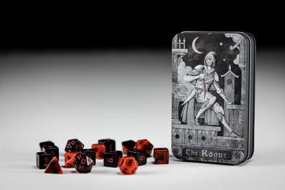 Character Class Dice: The Rogue – 16-Piece D&D Dice Set in Rolling Tray Tin