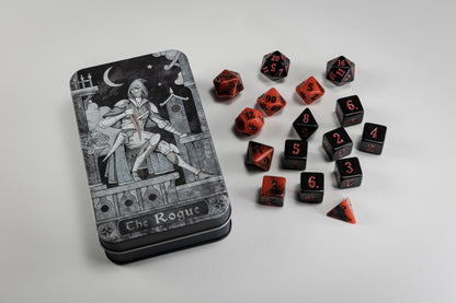 Character Class Dice: The Rogue – 16-Piece D&D Dice Set in Rolling Tray Tin