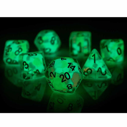 SDZ000605 Lucky Charm Glowworm Resin Dice with White Numbers 16mm (5/8 inch) 7 Dice Set