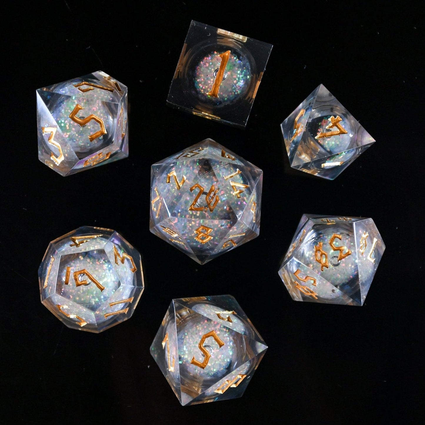 Starry Wisp Liquid Core Dice Set – 7-Piece Sharp-Edge Resin TTRPG Dice