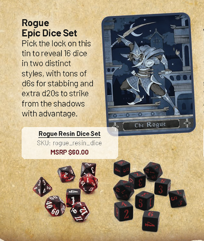 Epic Character Class Dice Set: The Rogue – 16-Piece Resin Dice in Rolling Tray Tin