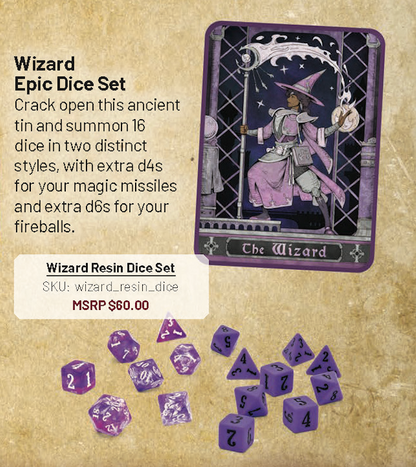 Epic Character Class Dice Set: The Wizard – 16-Piece Resin Dice in Rolling Tray Tin