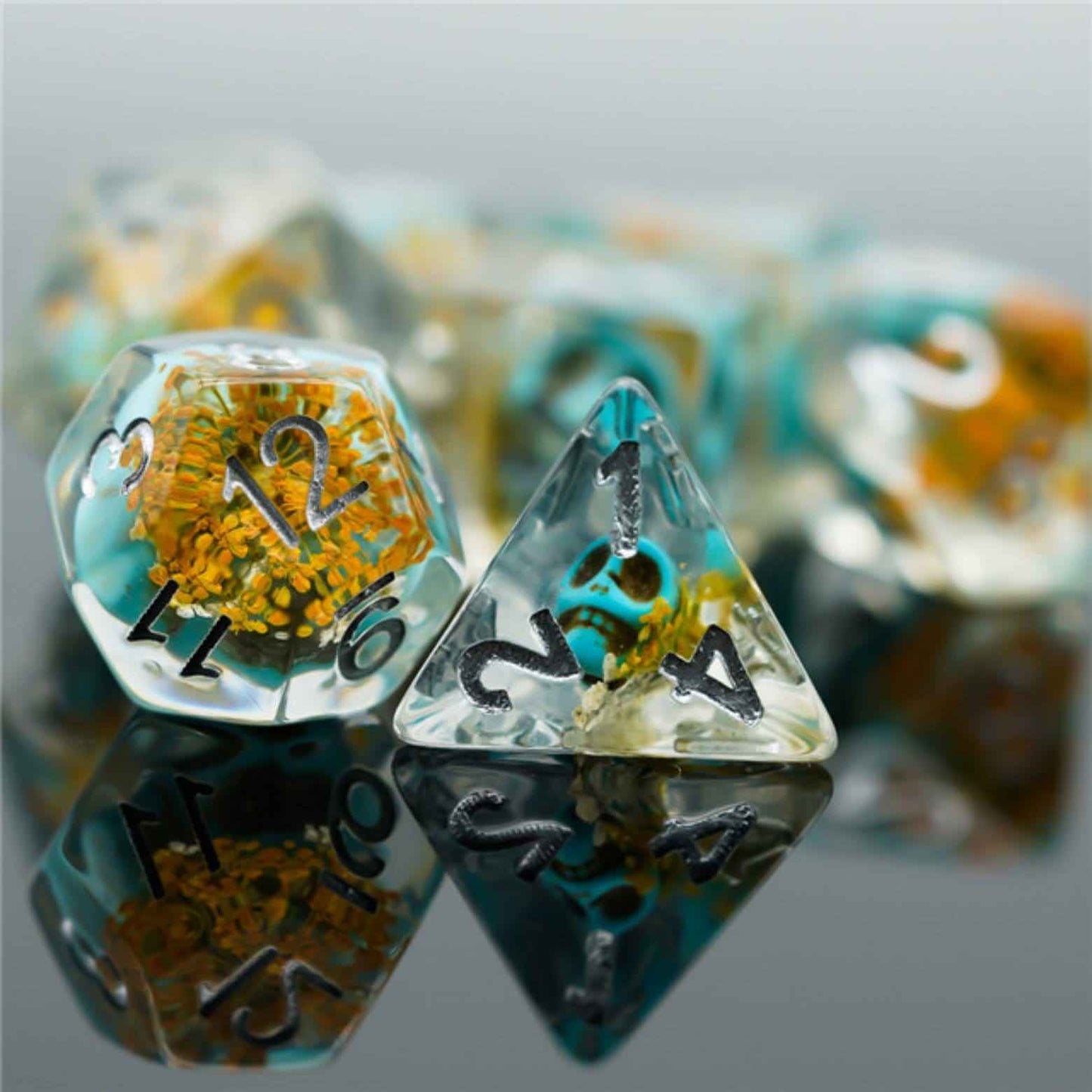 Yellow Flower with Blue Skull RPG Dice Set | 7-Piece Polyhedral Dice