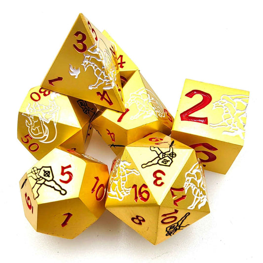 Silver Dragon and Black Warrior Gold Metal DND Dice Set — 7-Piece Zinc Alloy TTRPG Dice