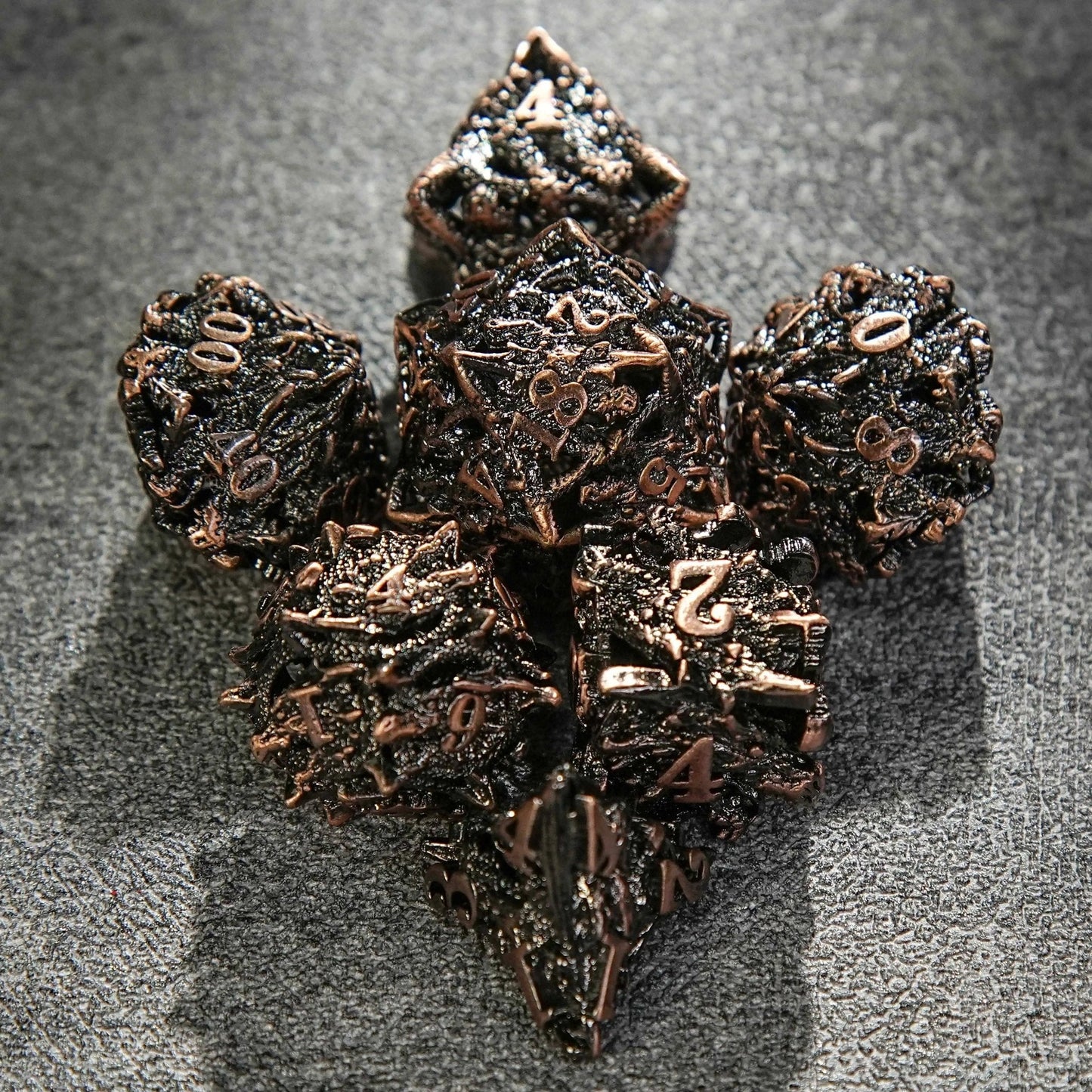 Dragon head skeletonized metal dnd dice set + reddish copper color