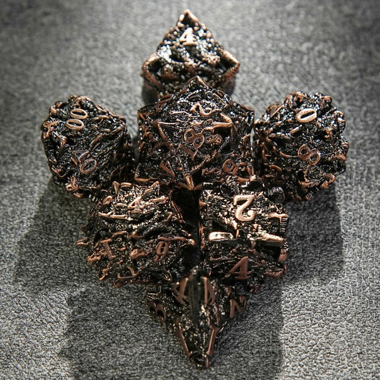 Dragon head skeletonized metal dnd dice set + reddish copper color