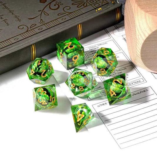 Green Sharp Edge Liquid Core Dragon Eye Resin DND Dice Set — 7-Piece TTRPG Dice