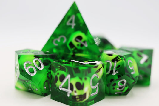 Sharp Edge Resin RPG Dice Set Green Skulls - Gothic Skull Dice