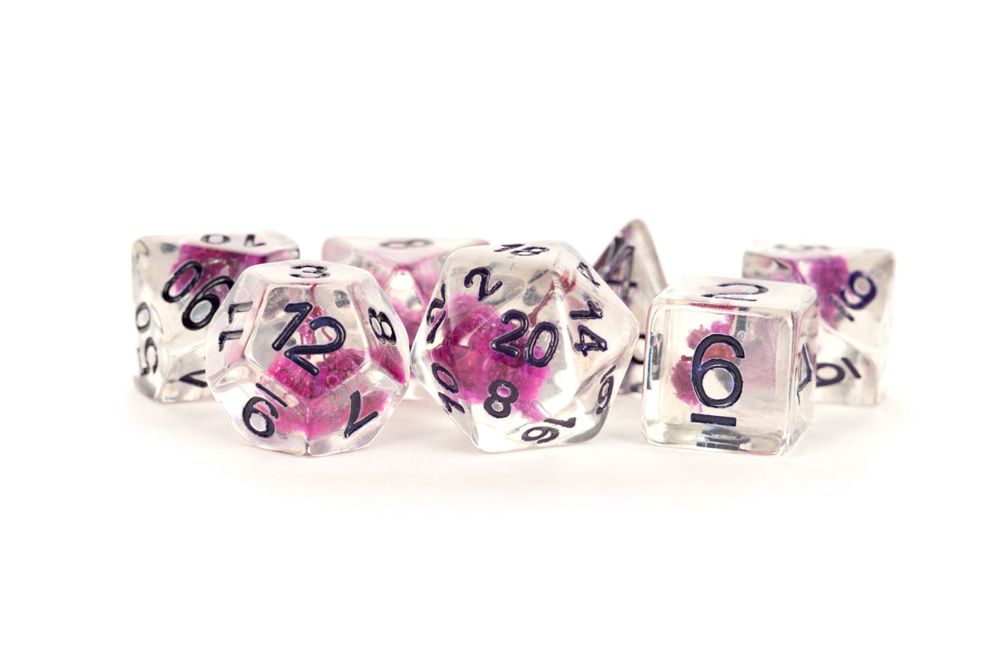 Baby's Breath Pink Flowers Clear w/ Purple Numbers 16mm Resin Poly Dice Set