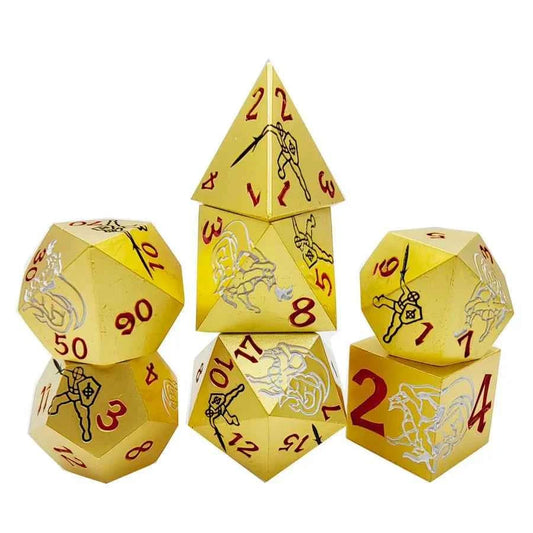 Silver Dragon and Black Warrior Gold Metal DND Dice Set — 7-Piece Zinc Alloy TTRPG Dice