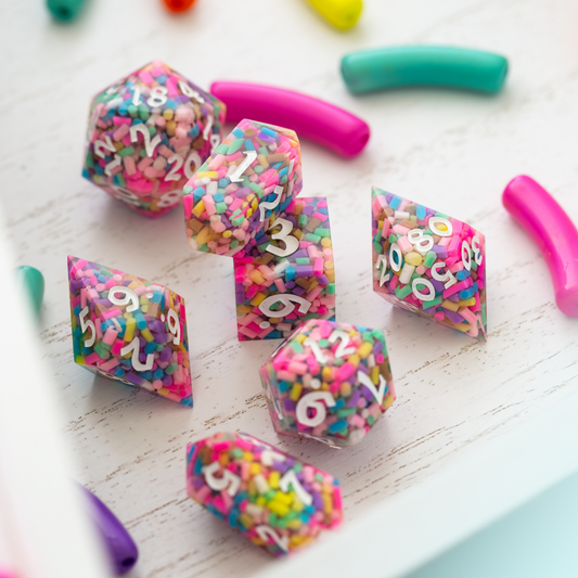 Sugar Rush Handmade Resin Dice Set – 7-Piece Pastel Sprinkle DND Dice with Box