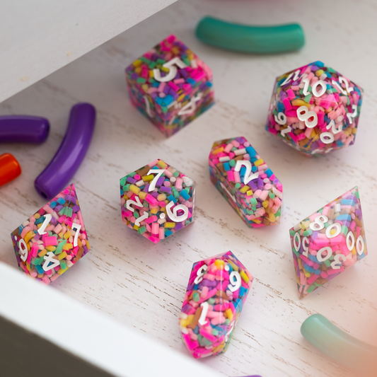 Sugar Rush Handmade Resin Dice Set – 7-Piece Pastel Sprinkle DND Dice with Box