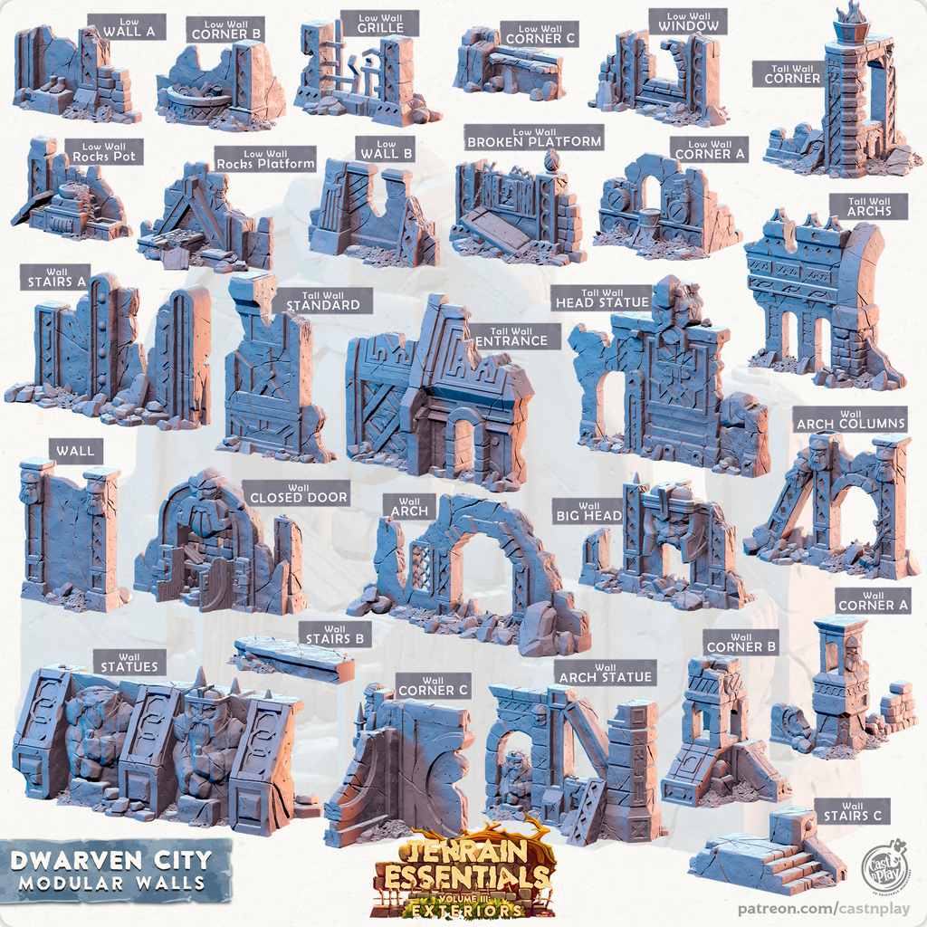 3D Printed Cast n Play Modular Walls Terrain Essentials Vol III Exteriors Dwarven City Set 28mm 32mm D&D