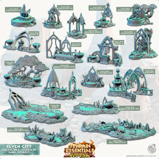 Cast n Play Elven City Debris & Difficult Terrain — Terrain Essentials Vol III – 3D Printed 28mm 32mm D&D